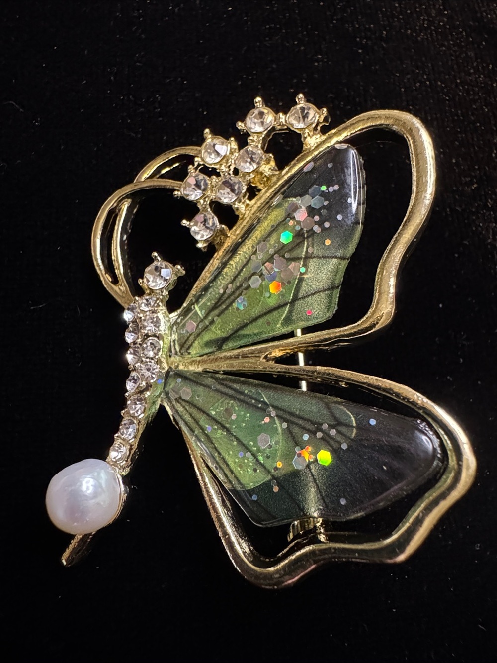 Gold Butterfly Brooch with Green Glitter Wings and Real Pearl Accent